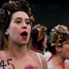 (EDITORS NOTE: Image contains nudity.) Activists of women's rights organisation Femen protest in Madrid on February 14, 2020 during an action to denounce violence against women on Valentine's day. (Photo by Oscar Gonzalez/NurPhoto via Getty Images)