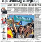 &quot;Miles de personas protestan mientras Espa&ntilde;a impone control directo en Catalu&ntilde;a&quot;, titula 'The Sunday Telegraph'.