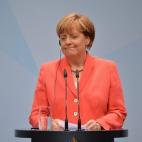 La canciller alemana Ángela Merkel durante una rueda de prensa tras una reunión celebrada en la segunda y última jornada de la Cumbre del G7, en el Castillo de Elmau (Alemania).