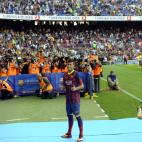FC Barcelona's new signing Neymar gestures during his official presentation at the Camp Nou stadium in Barcelona, Spain, Monday, June 3, 2013. Neymar arrived in Barcelona on Monday to complete his deal with the Catalan club, which will see the B...