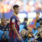 FC Barcelona's new signing Neymar looks on during his official presentation at the Camp Nou stadium in Barcelona, Spain, Monday, June 3, 2013. Neymar arrived in Barcelona on Monday to complete his deal with the Catalan club, which will see the B...