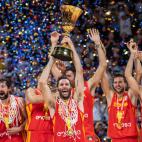 BEIJING, CHINA - SEPTEMBER 15: Team of Spain celebrate their victory at the cup ceremony after winning the FIBA World Cup 2019 match against the Argentina National Team at Beijing Wukesong Sport Arena on September 15, 2019 in Beijing, China. (P...