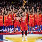 BEIJING, CHINA - SEPTEMBER 15: Team of Spain celebrate their victory at the cup ceremony after winning the FIBA World Cup 2019 match against the Argentina National Team at Beijing Wukesong Sport Arena on September 15, 2019 in Beijing, China. (P...