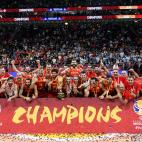 BEIJING, CHINA - SEPTEMBER 15: Team of Spain players celebrates after defeating Argentina during the final of 2019 FIBA World Cup match between Argentina and Spain at Beijing Wukesong Sport Arena on September 15, 2019 in Beijing, China. (Photo b...