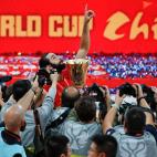 BEIJING, CHINA - SEPTEMBER 15: #9 Ricky Rubio of Spain celebrates after winning the FIBA World Cup - Final match between Spain and Argentina on September 15, 2019 in Beijing, China. (Photo by Xinyu Cui/Getty Images)