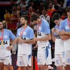 Basketball - FIBA World Cup - Final - Argentina v Spain - Wukesong Sport Arena, Beijing, China - September 15, 2019 Argentina's players look dejected during the ceremony after receiving their silver medals REUTERS/Jason Lee