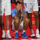 Argentina's Tayavek Gallizzi (C) reacts during presentation ceremony at the end of the Basketball World Cup final game between Argentina and Spain in Beijing on September 15, 2019. (Photo by Greg BAKER / AFP) (Photo credit should read GRE...