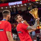 BEIJING, CHINA - SEPTEMBER 15: Juancho Hernangomez of Spain celebrates their victory with the trophy at the cup ceremony after winning the FIBA World Cup 2019 match against the Argentina National Team at Beijing Wukesong Sport Arena on September...