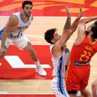 Spain's Sergio Llull (R) takes a shot as Argentina's Facundo Campazzo (L) watches during the Basketball World Cup final game between Argentina and Spain in Beijing on September 15, 2019. (Photo by NOEL CELIS / AFP) (Photo credit should re...