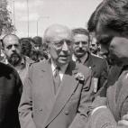 Celebración del Primero de Mayo de 1983 (Nicolás Redondo, Enrique Tierno Galván, Joaquín Legina y Felipe González).