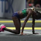 Athletics - World Athletics Championships - Doha 2019 - Women's Marathon - Doha, Qatar - September 28, 2019 Namibia's Helalia Johannes reacts after finishing in bronze position REUTERS/Ibraheem Al Omari