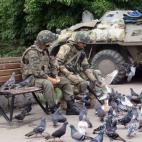 Soldados ucranios dan de comer a las palomas cerca del ayuntamiento de Salvyansk, Ucrania.