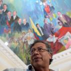 Colombian presidential candidate for the 'Colombia Humana' political party and Historic Pact Coalition, Gustavo Petro, delivers a press conference after a meeting with victims of the Colombian conflict who won a seat in the Congress in the last ...