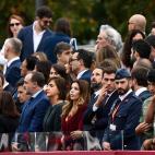 Spanish far-right party VOX' leader Santiago Abascal (R) and Spanish centre-right Ciudadanos party's leader Albert Rivera (4R) attend the Spanish National Day military parade in Madrid on October 12, 2019. (Photo by OSCAR DEL POZO / AFP) (Photo ...