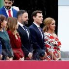GRAF8882. MADRID, 12/10/2019.- El líder de Vox, Santiago Abascal (3d), el líder de Ciudadanos, Albert Rivera (2d), y el presidente de UPN, Javier Esparza (i), en el madrileño Paseo de la Castellana, donde este sábado se celebra el desfile de...