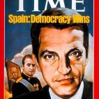 La revista Time eligió al presidente de España para protagonizar su portada del 27 de junio de 1977, en la que también sale el rey y, detrás, un retrato de Franco. El titular reza: "España: la democracia gana".