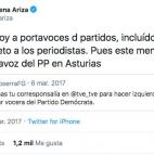 José Ramón Fernández, portavoz del PP en la localidad asturiana de Carreño, tildó de "vulgar vocera" del Partido Demócrata a Almudena Ariza. Lo hizo en 2017, cuando Ariza todavía era corresponsal de TVE en EEUU. Además, acusó a la perio...