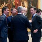 MADRID, SPAIN - JUNE 29: The Prime Minister of the Netherlands, Mark Rutte (1r); the President of the Government, Pedro Sanchez (1l), talk on their arrival at the informal transatlantic dinner at the level of Heads of State and Government at the...