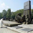 El papa Francisco reza ante el Monumento Internacional a las Víctimas del Fascismo durante su visita al campo de concentración.