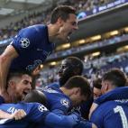 Chelsea's German midfielder Kai Havertz (C) is congratulated by teammates after scoring a goal during the UEFA Champions League final football match between Manchester City and Chelsea FC at the Dragao stadium in Porto on May 29, 2021. (Photo by...