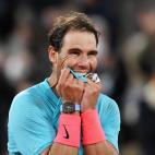 PARIS, FRANCE - OCTOBER 11: Rafael Nadal of Spain celebrates after winning championship point during his Men's Singles Final against Novak Djokovic of Serbia on day fifteen of the 2020 French Open at Roland Garros on October 11, 2020 in Paris, F...