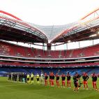 LISBON, PORTUGAL - AUGUST 23: In this handout image provided by UEFA, There is a general view inside the stadium as Paris Saint-Germain and FC Bayern Munich players line up prior to the UEFA Champions League Final match between Paris Saint-Germa...