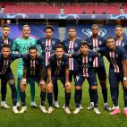 LISBON, PORTUGAL - AUGUST 23: In this handout image provided by UEFA, Paris Saint-Germain players pose for a team photo before the UEFA Champions League Final match between Paris Saint-Germain and Bayern Munich at Estadio do Sport Lisboa e Benfi...
