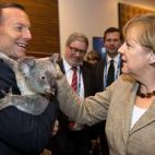 La canciller alemana, Angela Merkel, acaricia a un koala junto a Tony Abbott, primer ministro de Australia