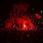 Los aficionados del Madrid celebran en Lisboa el título.