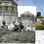Una vista del cementerio con la iglesia de Saint-Georges-de Basly. En la imagen antigua, las fosas de dos civiles franceses, un soldado escocés y otro canadiense.