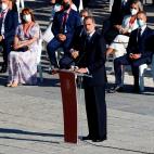 MADRID, 15/07/2021.-El rey Felipe VI durante su discurso en el acto de homenaje de estado a las víctimas de la pandemia de la covid-19 y de reconocimiento al personal sanitario, este jueves en la Plaza la Armería del Palacio Real en Madrid. EF...