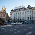 MADRID, SPAIN - JULY 24: Hotel NH Collection Paseo del Prado and The Westin Palace or Palace Hotel in the Plaza de Canovas del Castillo, on 24 July, 2021 in Madrid, Spain. Madrid awaits to know this Sunday if the complex that includes the Paseo ...