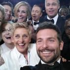 HOLLYWOOD, CA - MARCH 02: HANDOUT – EDITORIAL USE ONLY - In this handout photo provided by Ellen DeGeneres, host Ellen DeGeneres poses for a selfie taken by Bradley Cooper with (clockwise from L-R) Jared Leto, Jennifer Lawrence, Channing Tatum...