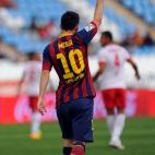 Barcelona's Argentinian forward Lionel Messi celebrates after scoring during the Spanish league football match UD Almeria vs FC Barcelona at the Juegos Mediterraneos stadium in Almeria on September 28, 2013. AFP PHOTO/ JORGE GUERRERO (P...