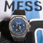 The Royal Oak Chronograph Leo Messi No. 10 by Audermas Piguet, is pictured with the jersey of the national soccer team of Argentina during an auction preview at Sotheby's in Geneva, Switzerland, Tuesday, May 7, 2013. The sale is scheduled on May...