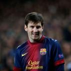 Barcelona's Lionel Messi, from Argentina, smiles during the Champions League quarterfinal second leg soccer match between FC Barcelona and Paris Saint-Germain FC at the Camp Nou stadium in Barcelona, Spain, Wednesday, April 10, 2013. (AP Photo/E...
