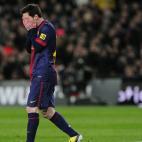 Barcelona's Argentinian forward Lionel Messi reacts during the Spanish Cup semi-final second-leg football match FC Barcelona vs Real Madrid CF at the Camp Nou stadium in Barcelona on February 26, 2013. AFP PHOTO / JOSEP LAGO (Photo credi...