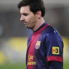 Barcelona's Lionel Messi from Argentina reacts after losing the Copa del Rey soccer match between FC Barcelona and Real Madrid at the Camp Nou stadium in Barcelona, Spain, Tuesday, Feb. 26, 2013. (AP Photo/Manu Fernandez)