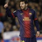 Barcelona's Lionel Messi from Argentina makes thumbs-up sign during their La Liga soccer match against Valencia at the Mestalla stadium in Valencia, Spain, Sunday, Feb. 3, 2013. (AP Photo/Alberto Saiz)