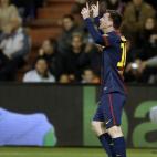 Barcelona's Argentinian forward Lionel Messi celebrates after scoring during the Spanish league football match Real Valladolid vs FC Barcelona at the Jose Zorilla stadium in Valladolid on December 22, 2012. Barcelona won the match 3-1. AFP PHOT...