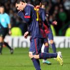 Barcelona's Lionel Messi, center, celebrates his goal during their Champions League Group G soccer match against Celtic at Celtic Park, Glasgow, Scotland, Wednesday Nov. 7, 2012. (AP Photo/Scott Heppell)