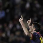 FC Barcelona's Lionel Messi from Argentina celebrates his goal with team mates during a Spanish La Liga soccer match against Rayo Vallecano at the Teresa Rivero stadium in Madrid, Spain, Saturday, Oct. 27, 2012. (AP Photo/Andres Kudacki)