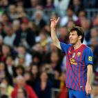 Barcelona's Argentinian forward Lionel Messi gestures during the Spanish league football match FC Barcelona vs Malaga CF on May 2, 2012 at the Camp Nou stadium in Barcelona. AFP PHOTO/LLUIS GENE (Photo credit should read LLUIS GENE/AFP/Ge...