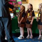 President Barack Obama talks with 8 year-old members of Girl Scout Troop 2612 from Tulsa, Okla., during the 2014 White House Science Fair, in the Blue Room of the White House, May 27, 2014. The fair celebrates the student winners of a broad rang...