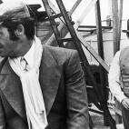 FILE - In this 1969 file photo, French actors Jean-Paul Belmondo. left, and Alain Delon are seen during the shooting of a Jacques Deray film, "Borsalino" in Marseille, France. French New Wave actor Jean-Paul Belmondo has died, according to his l...