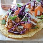 Get the BBQ Pulled Chicken Tostadas with Cole Slaw recipe by Bev Cooks