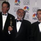 Author Michael Crichton, actor Sean Connery and actor Nicolas Cage attend the 53rd Annual Golden Globe Awards on January 21, 1996 at Beverly Hilton Hotel in Beverly Hills, California.