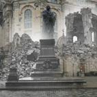 Composición que muestra la iglesia Frauenkirche en ruinas tras el pedestal vacío de la estatua de Martín Lutero en 1946 tras los bombardeos aliados. Tanto la estatua como la iglesia han sido reconstruidas.
