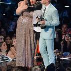 NEW YORK, NY - AUGUST 25: Mary Lambert, Ryan Lewis and Macklemore accept their VMA onstage during the 2013 MTV Video Music Awards at the Barclays Center on August 25, 2013 in the Brooklyn borough of New York City. (Photo by Rick Diamond/Getty ...