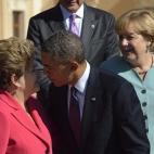 Con la canciller de Alemania Angela Merkel (de verde) y la presidenta de Brasil Dilma Rousseff.

